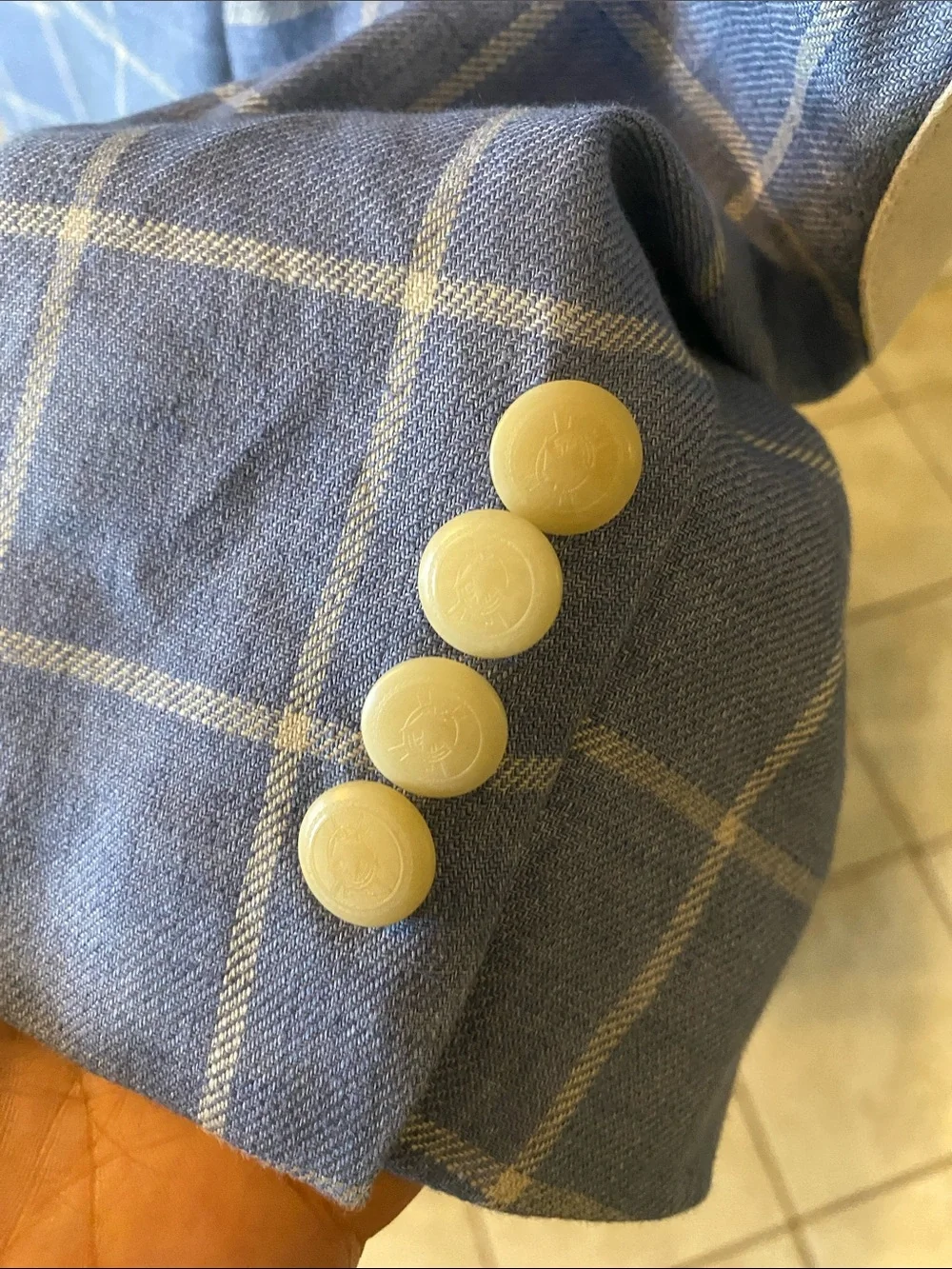 TALLIA linen Light Blue Windowpane Blazer with White Grid and Gold Buttons